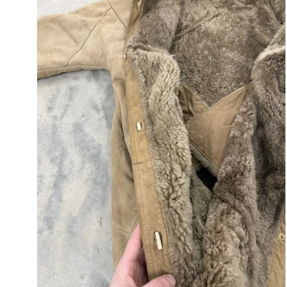 Vintage Suede Shearling Trim Coat Boho Festival Earthy‎ Tan
